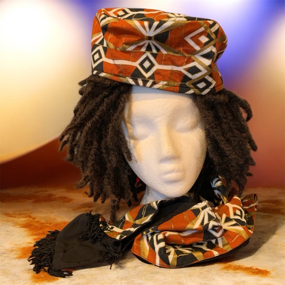 Vintage 90s African Fabric Orange/Black Patterned Hat and Scarf Set - Picture 3 of 3
